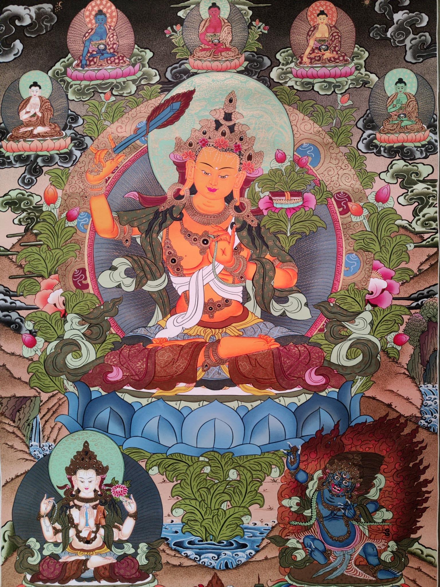 Hand-made Pancha Buddha and Manjushri Thangka Art