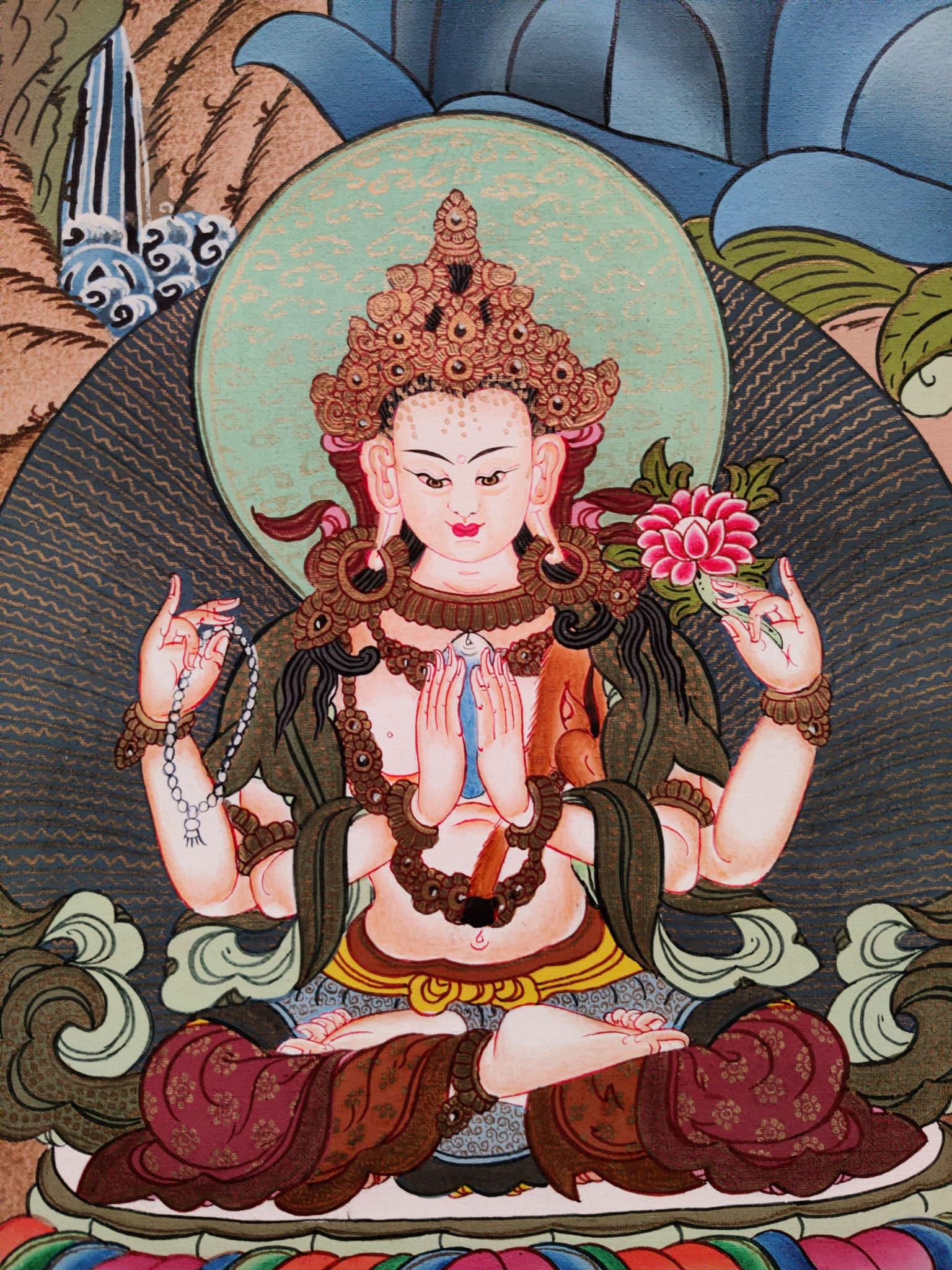 Hand-made Pancha Buddha and Manjushri Thangka Art