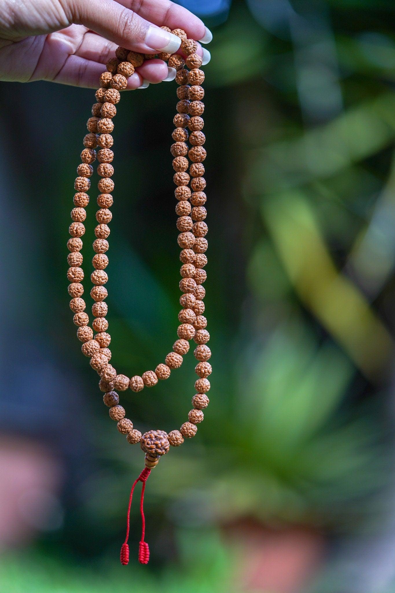 Rudraksha Bead Mala being held 
