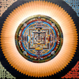 Burlywood color Kalachakra Mandala Thangka with endless knot border.