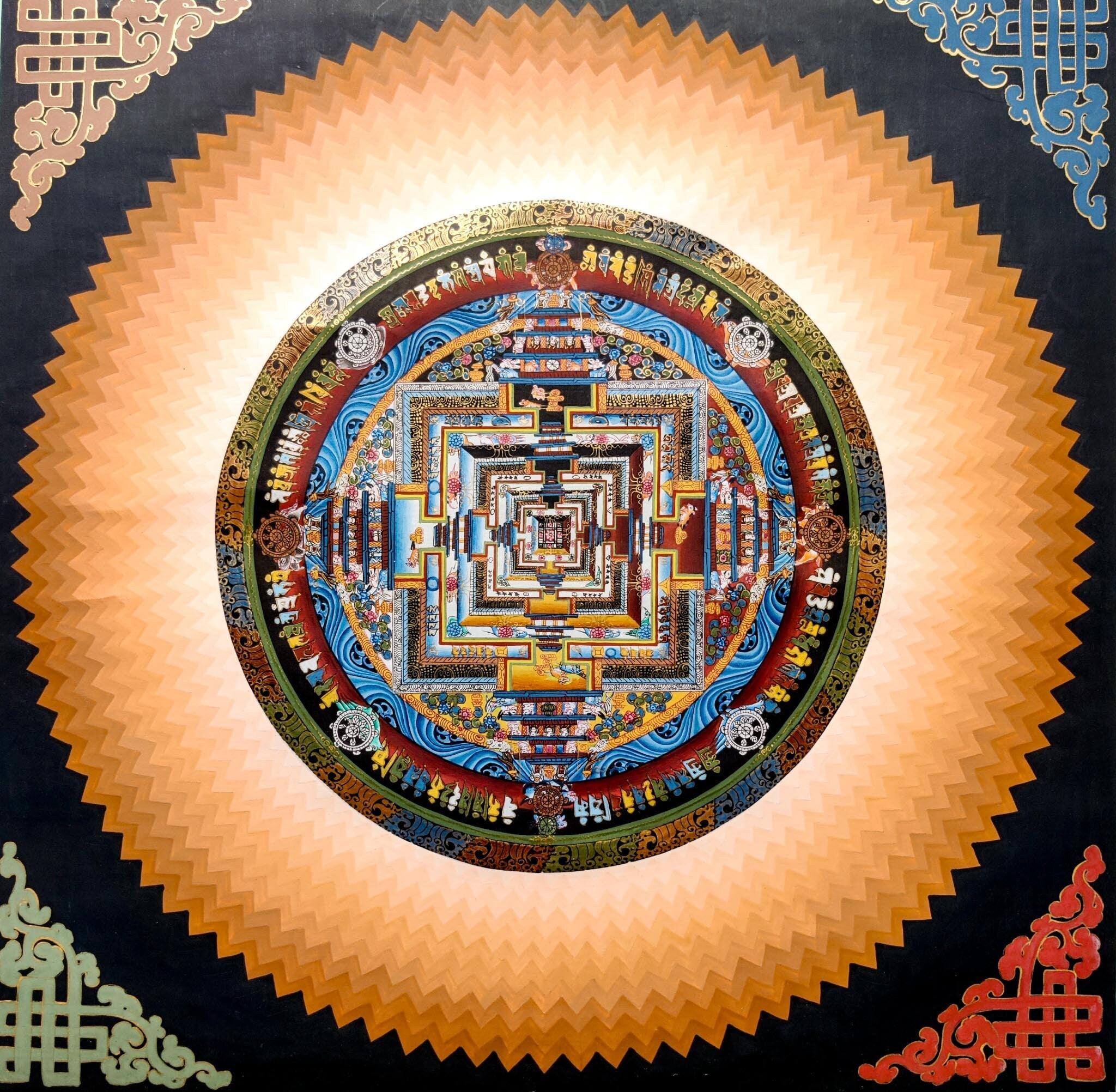 Burlywood color Kalachakra Mandala Thangka with endless knot border.
