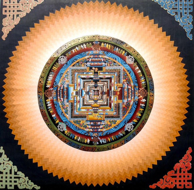 Burlywood color Kalachakra Mandala Thangka with endless knot border.