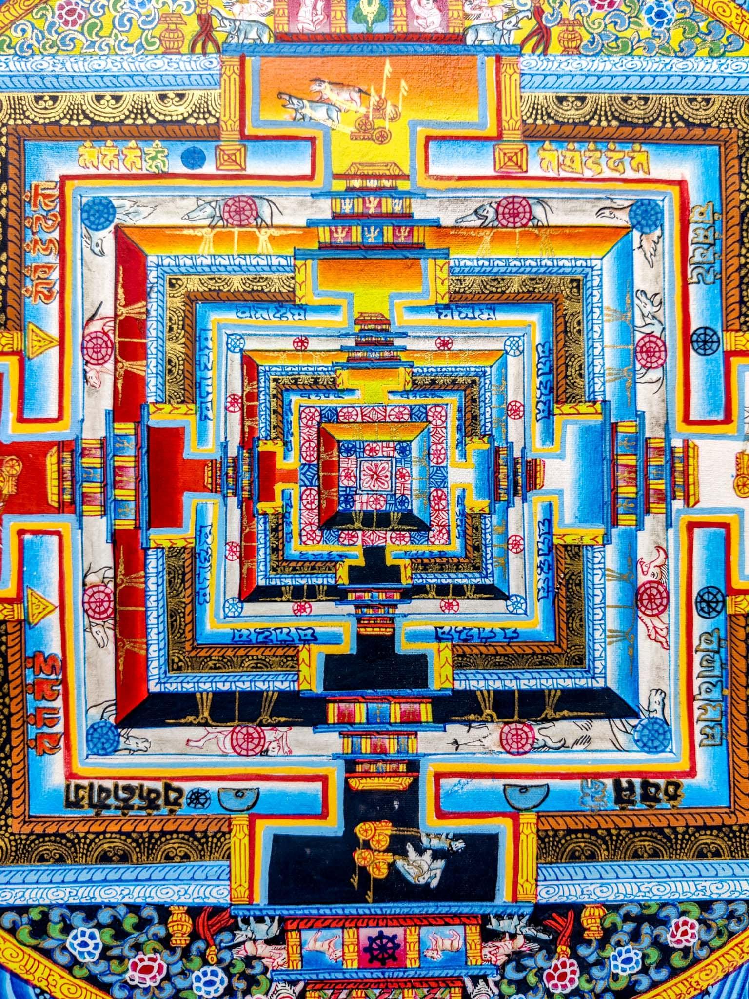 Red Kalachakra Mandala Thangka Art hand painted by master artist.