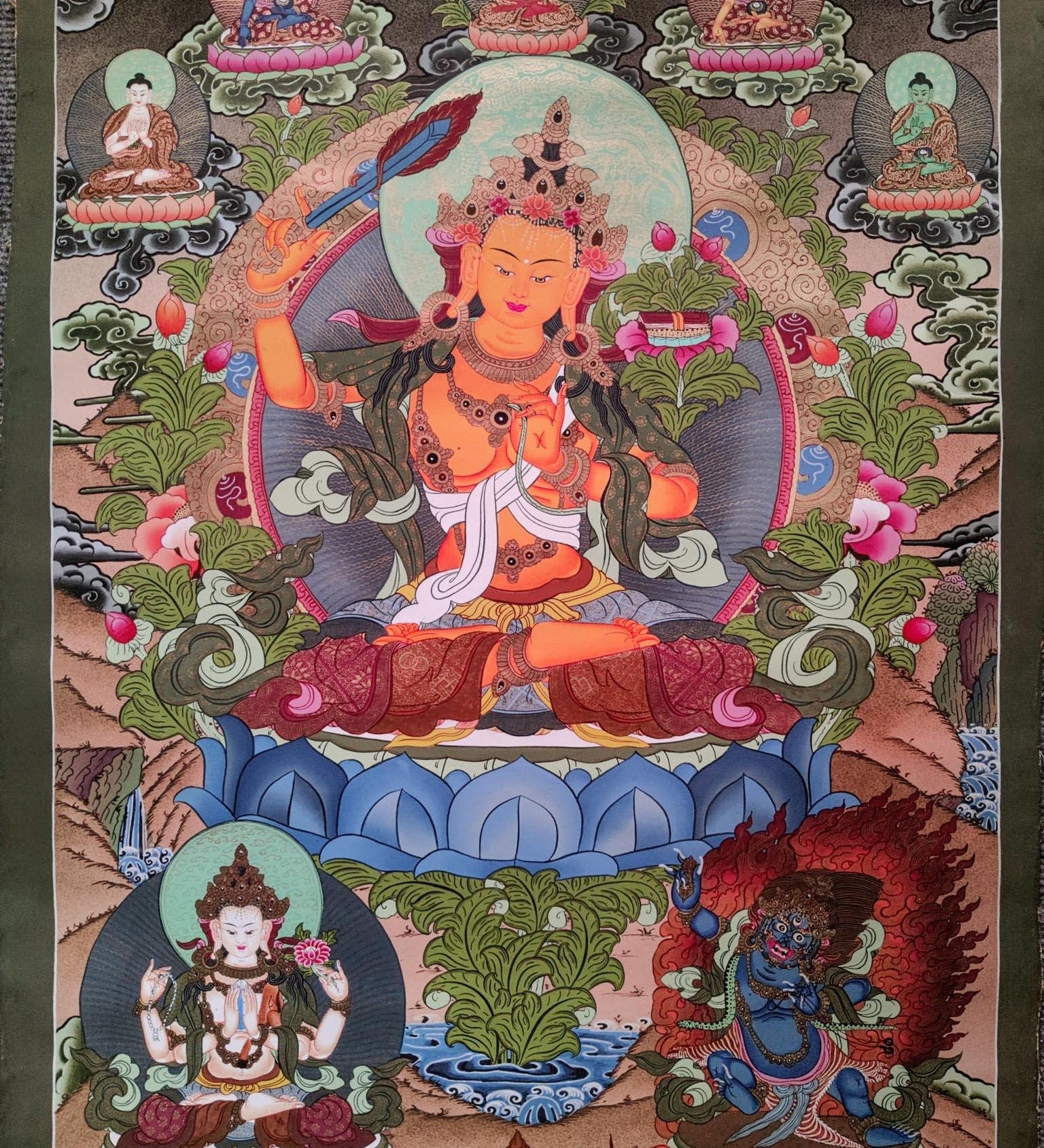Hand-made Pancha Buddha and Manjushri Thangka Art