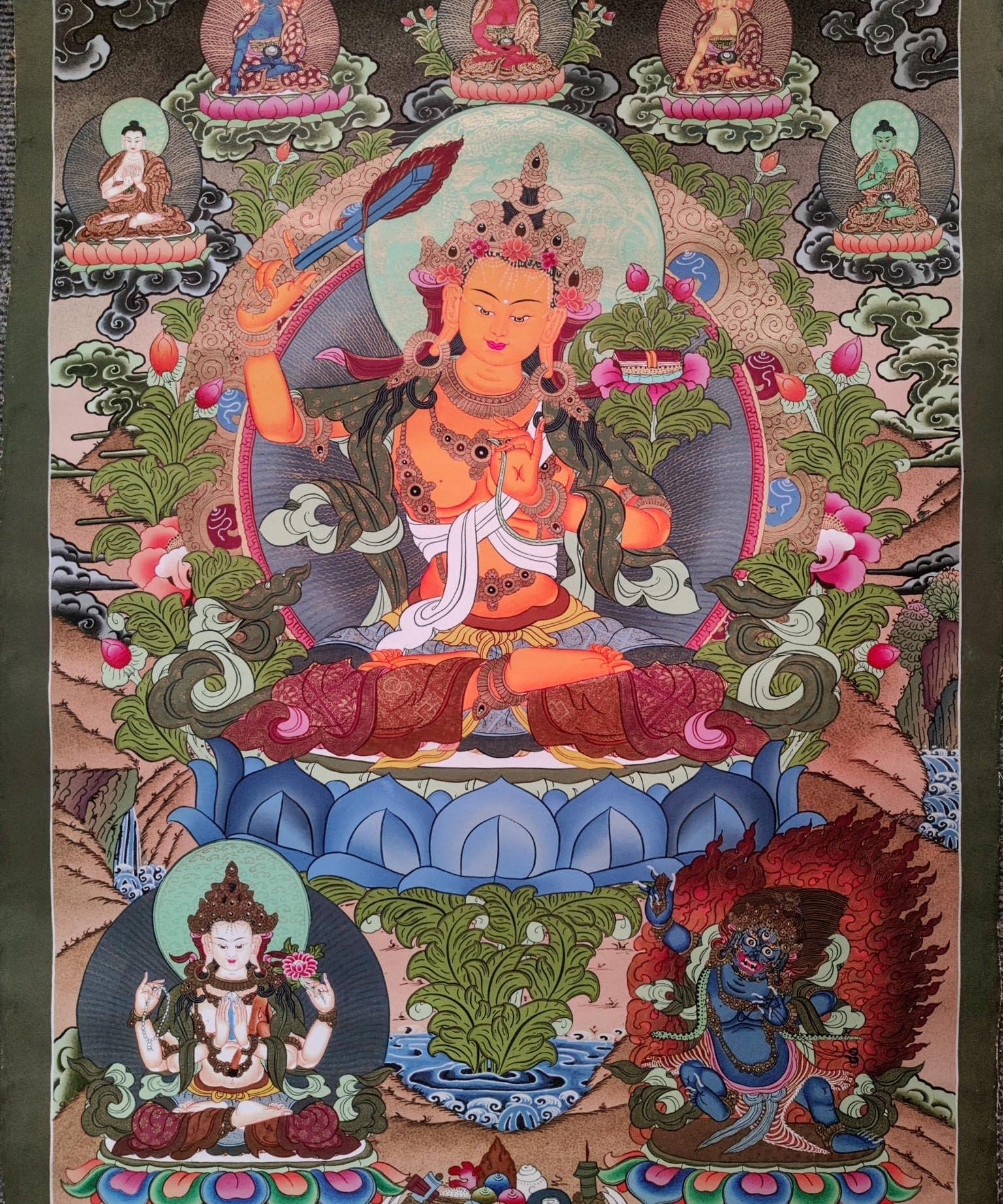 Hand-made Pancha Buddha and Manjushri Thangka Art