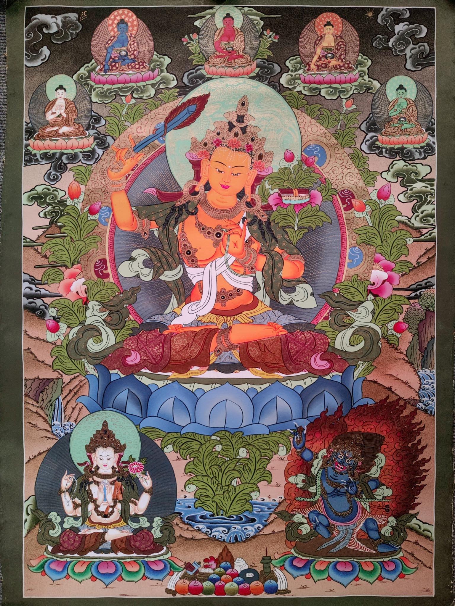 Hand-made Pancha Buddha and Manjushri Thangka Art