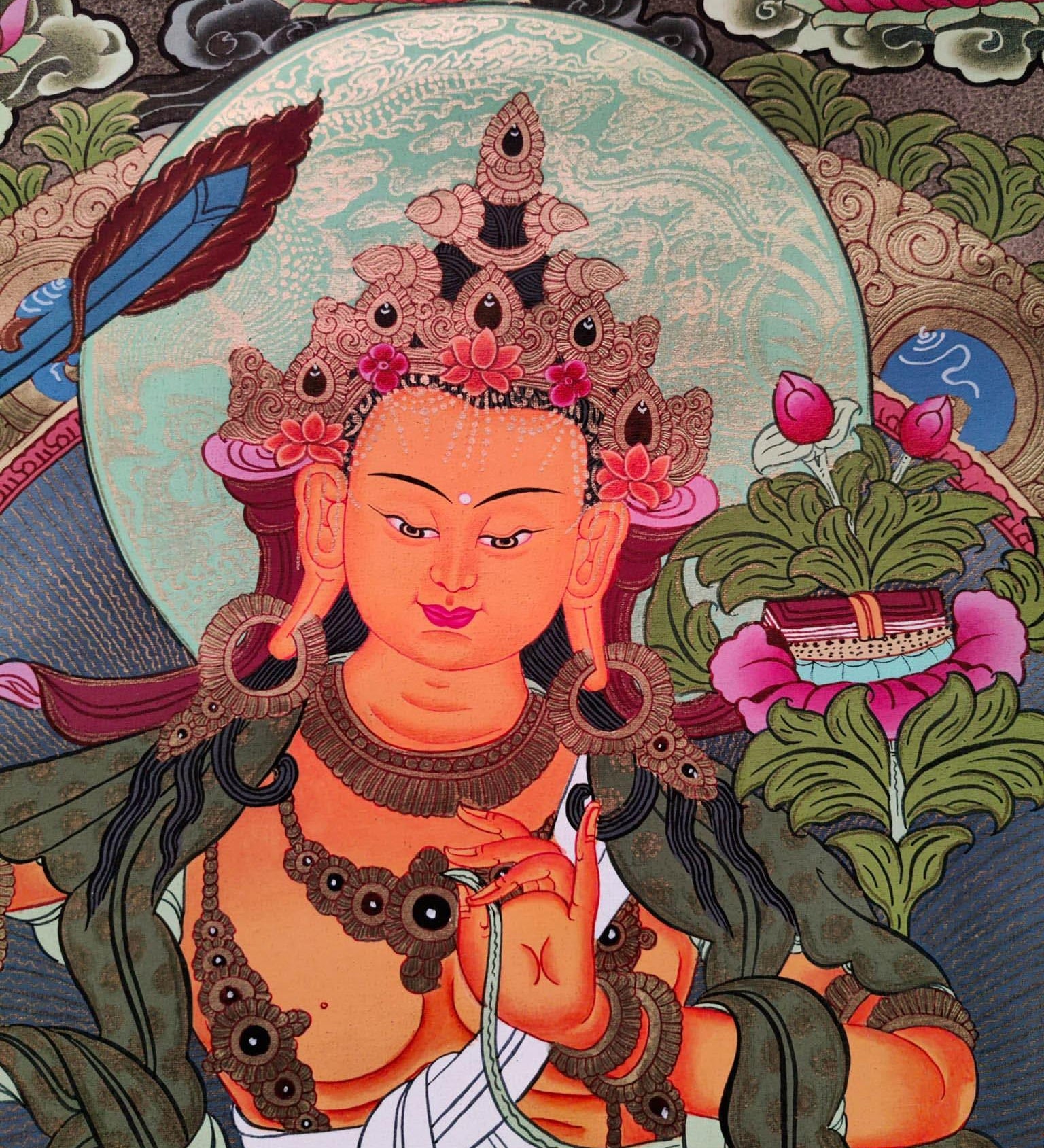 Hand-made Pancha Buddha and Manjushri Thangka Art