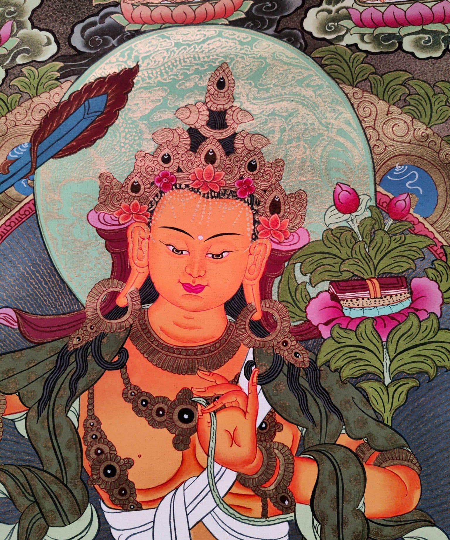 Hand-made Pancha Buddha and Manjushri Thangka Art