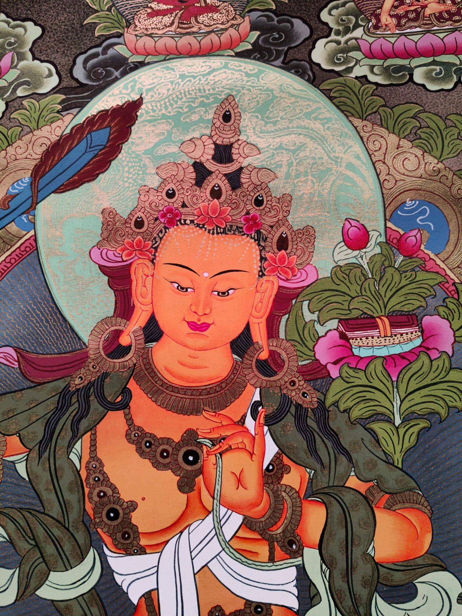 Hand-made Pancha Buddha and Manjushri Thangka Art