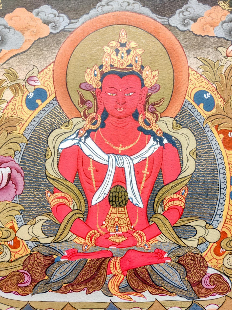 Amitayus Buddha Thangka art made from gold and natural color