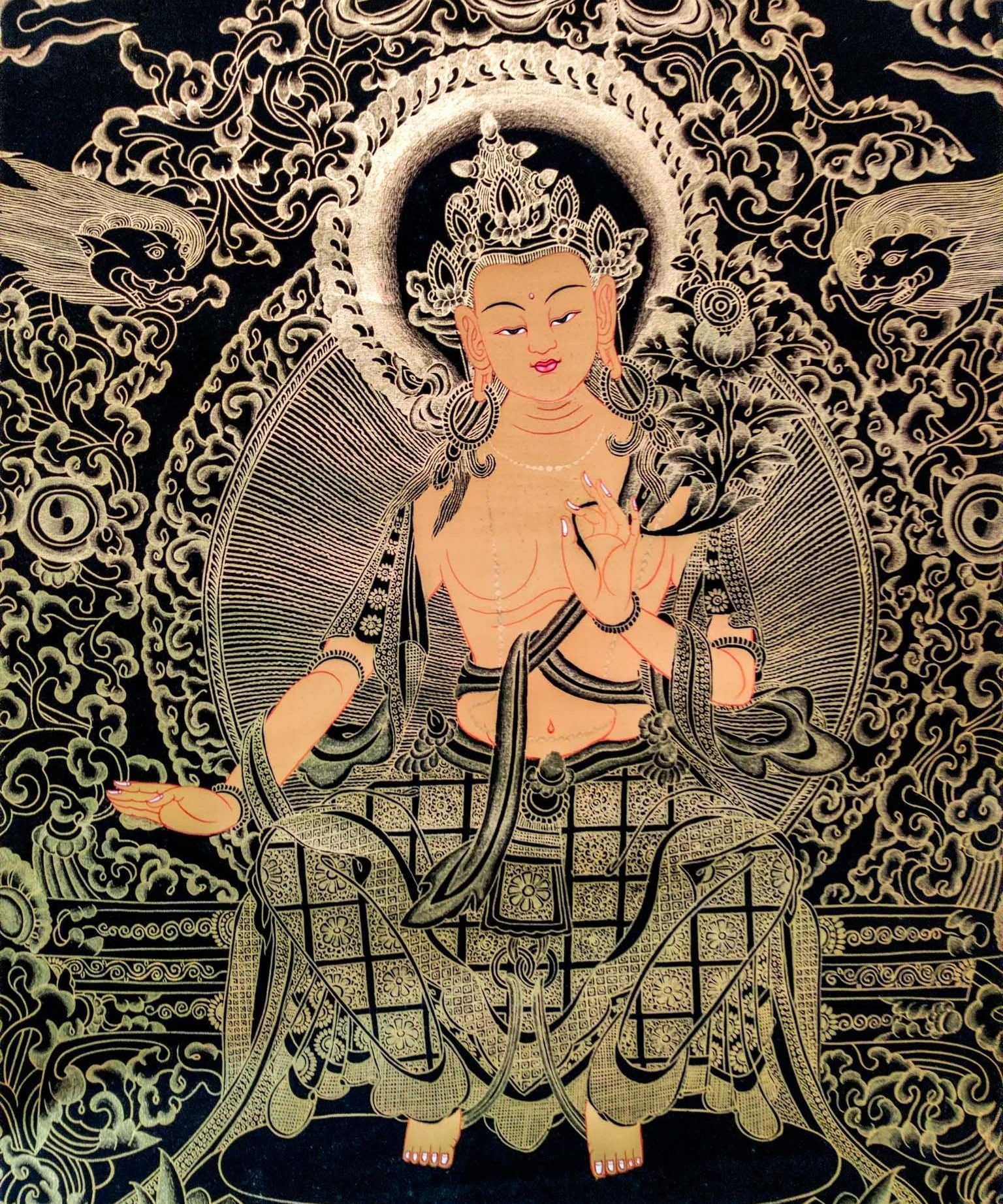 Beautiful Thangka Art of Maitreya Buddha also know as the Buddha of Future . Gold painted Maitreya Buddha