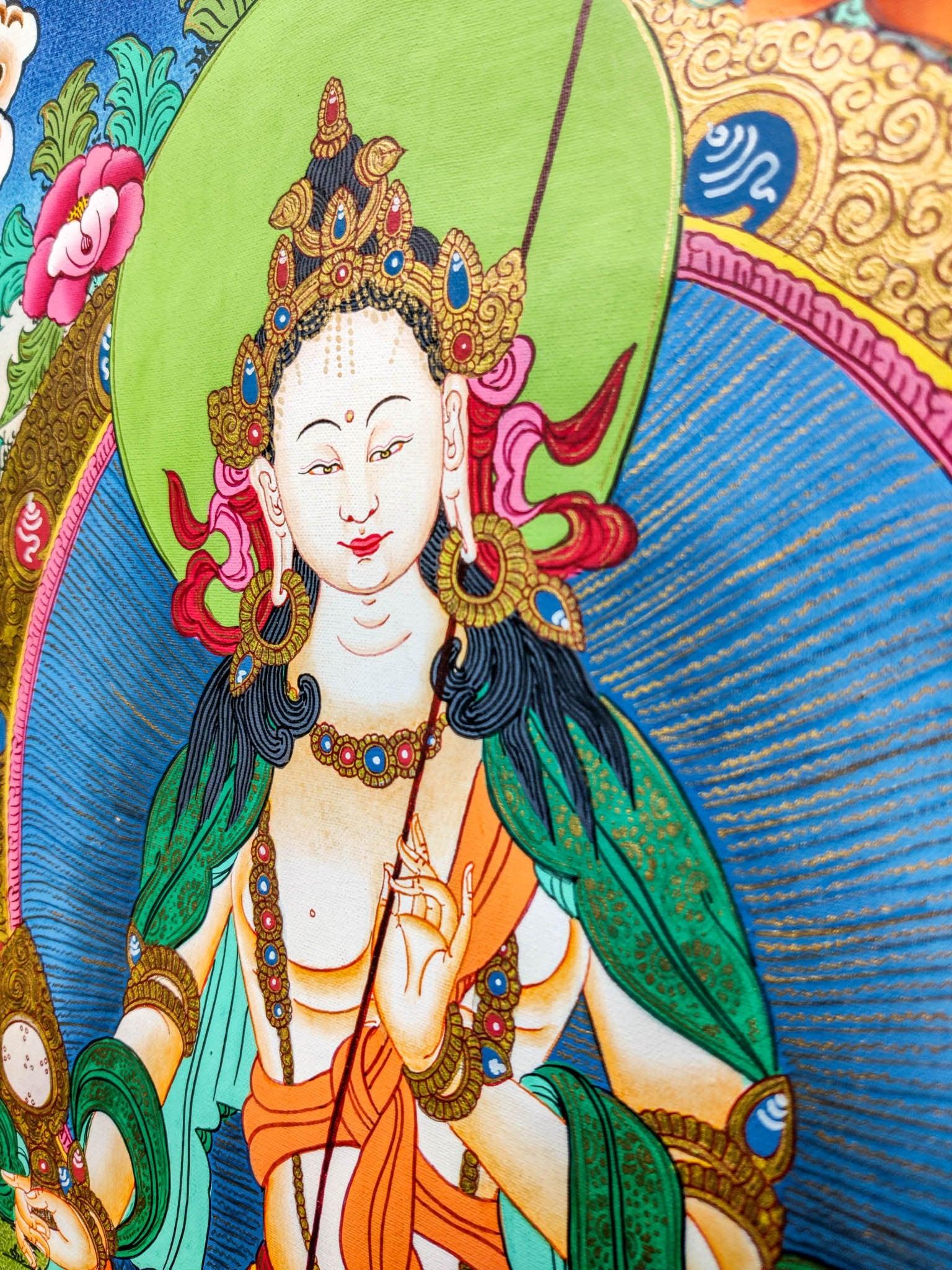 Sitatapatra is brilliant white, radiating with love and compassion and her body is adorned with various ornaments. This beautiful thangka art has portraited the Sitapatra very well.