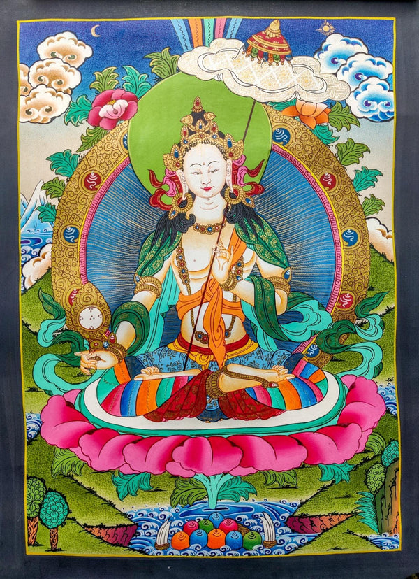 Sitatapatra is brilliant white, radiating with love and compassion and her body is adorned with various ornaments.  This beautiful thangka art has portraited the Sitapatra very well. 