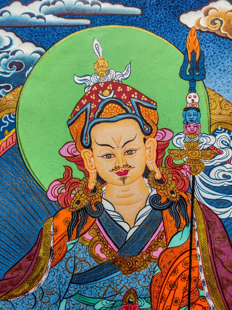 Guru Padmasambhava thangka painting made from natural color and gold