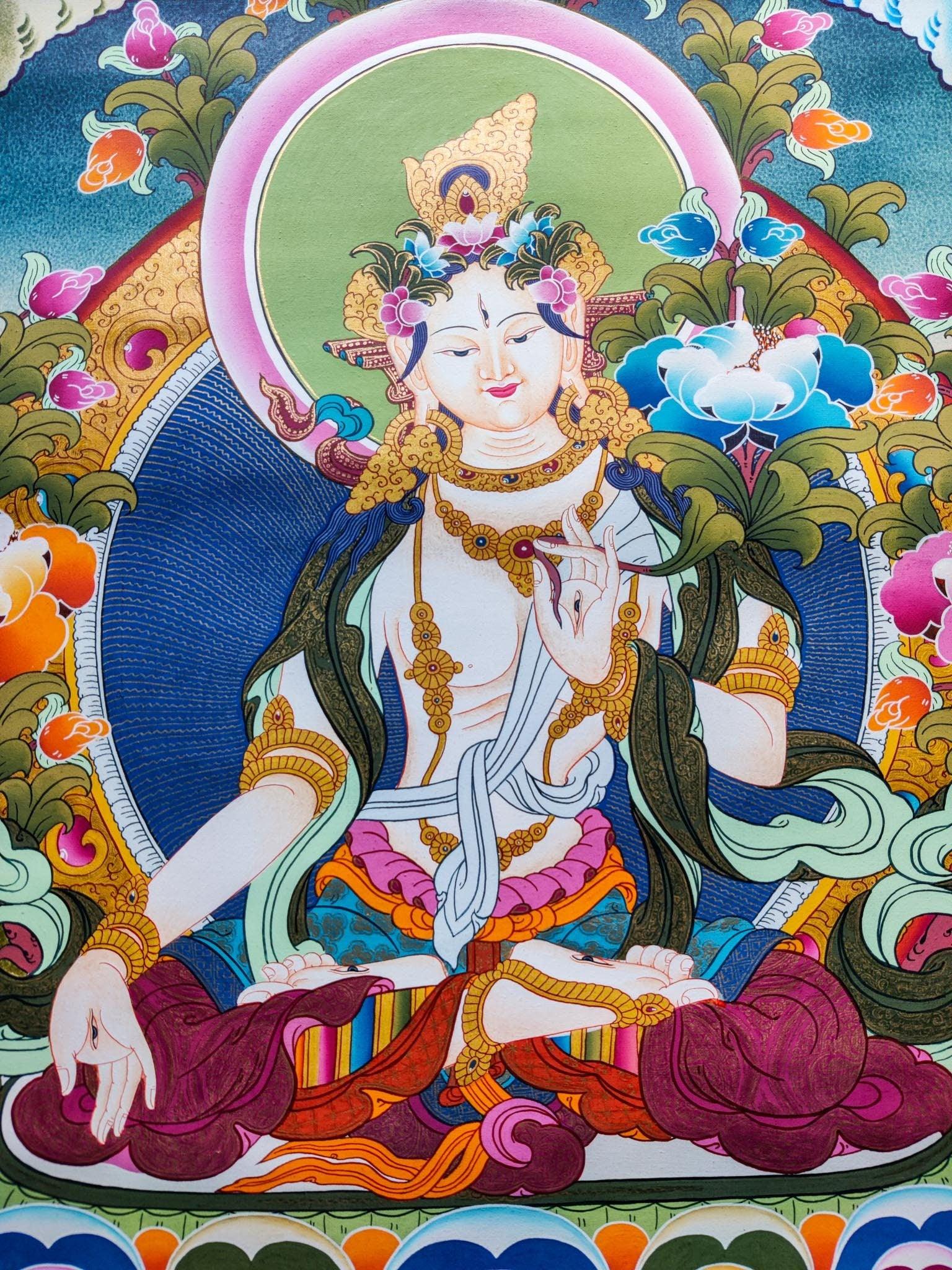 White Tara Thangka made from natural color and gold