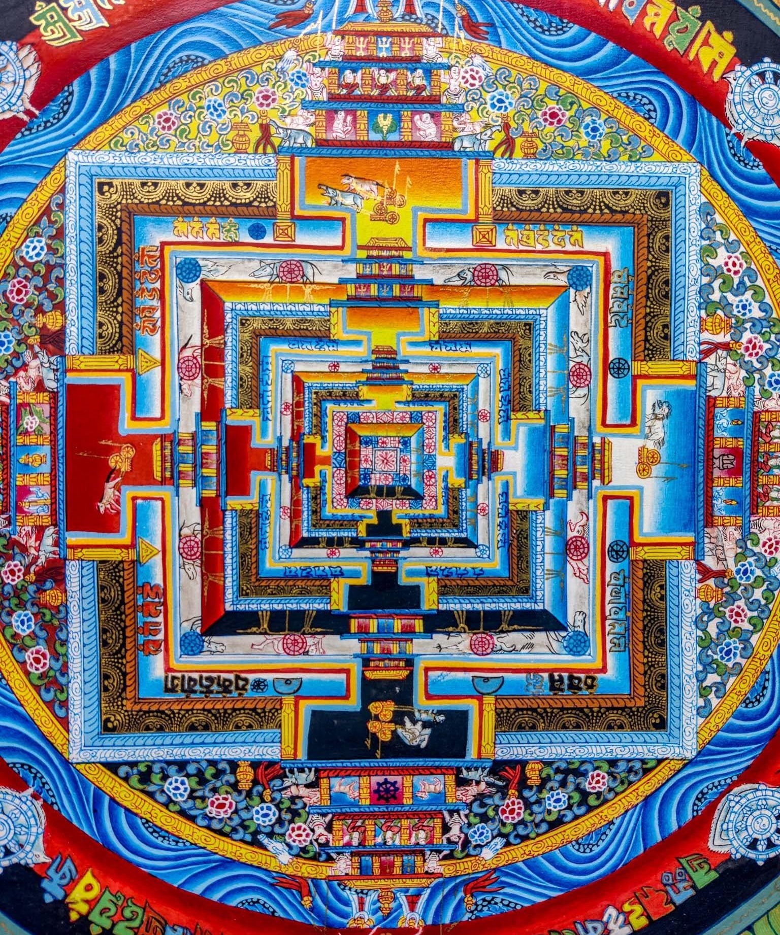 Red Kalachakra Mandala Thangka Art. painted with gold and natural color.
