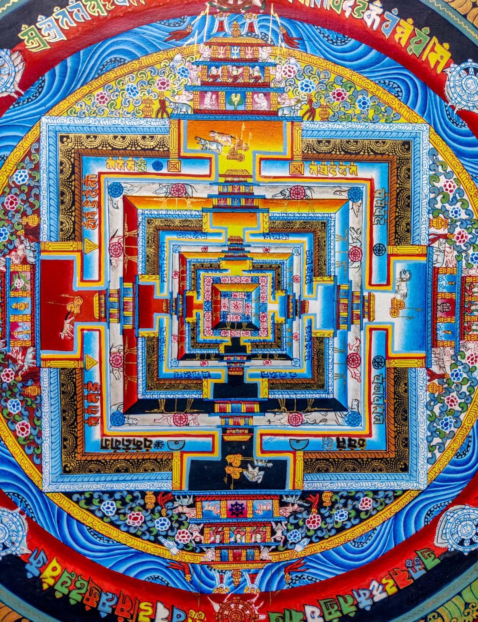 Red Kalachakra Mandala Thangka Art. painted with gold and natural color.