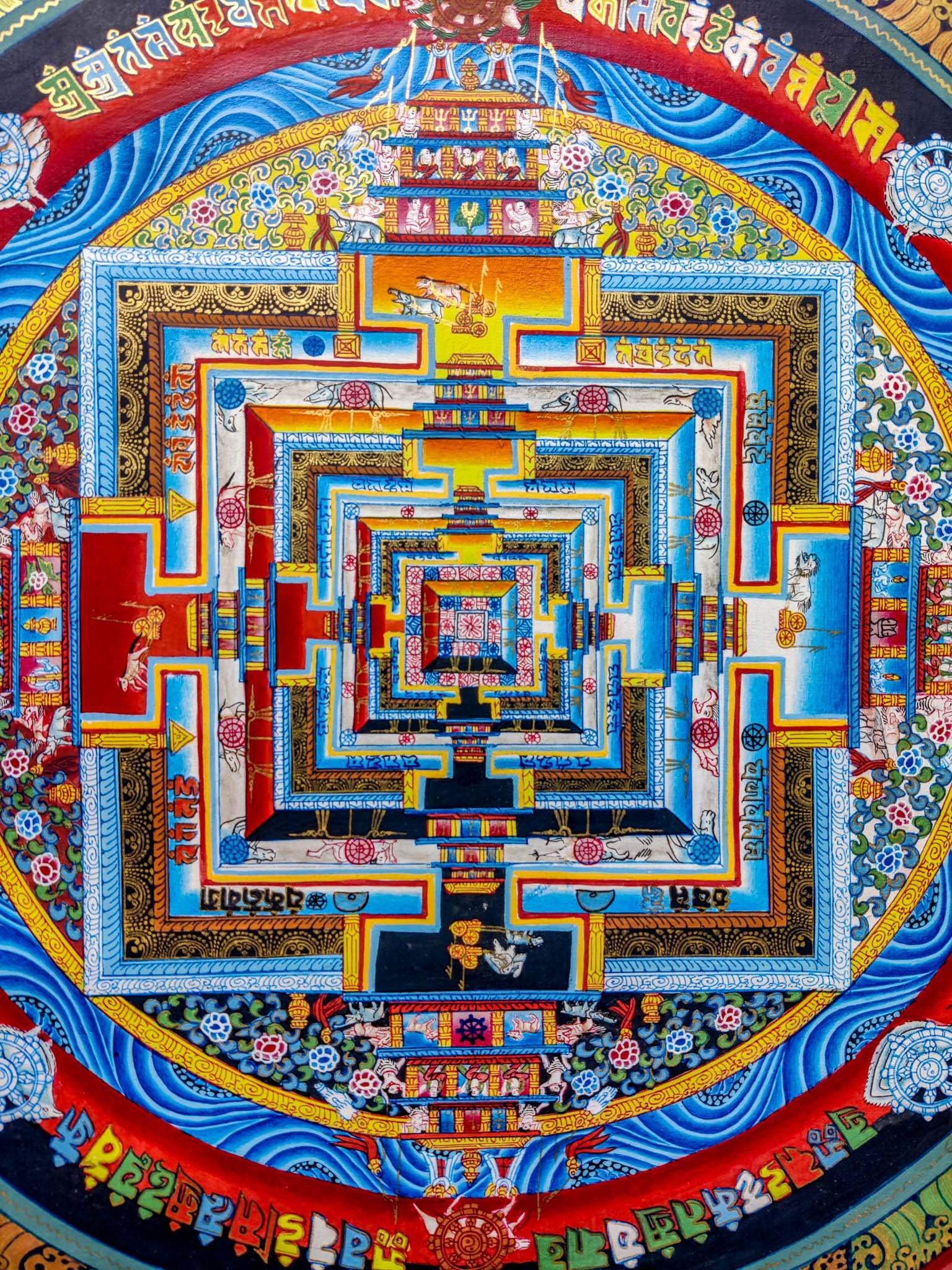 Red Kalachakra Mandala Thangka Art. painted with gold and natural color.