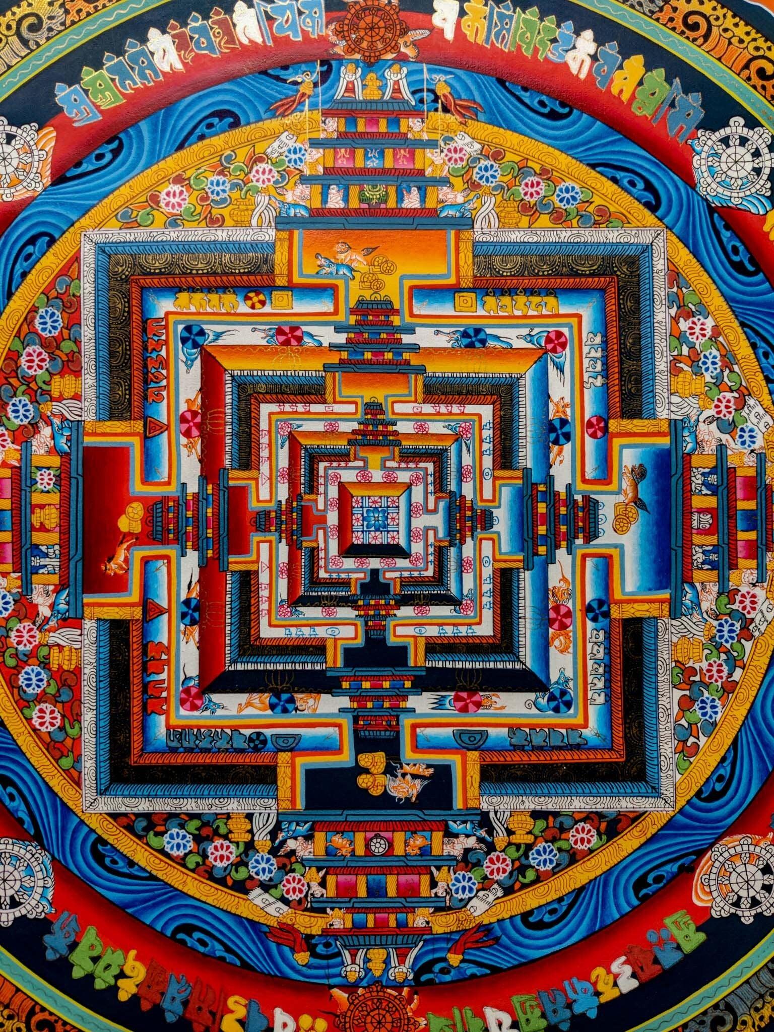 Floral Kalachakra Mandala painted with gold and natural color.