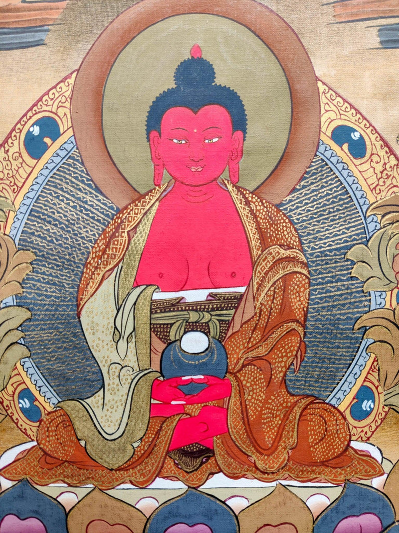 Amitabha Buddha Thangka Art made from natural color and gold.
