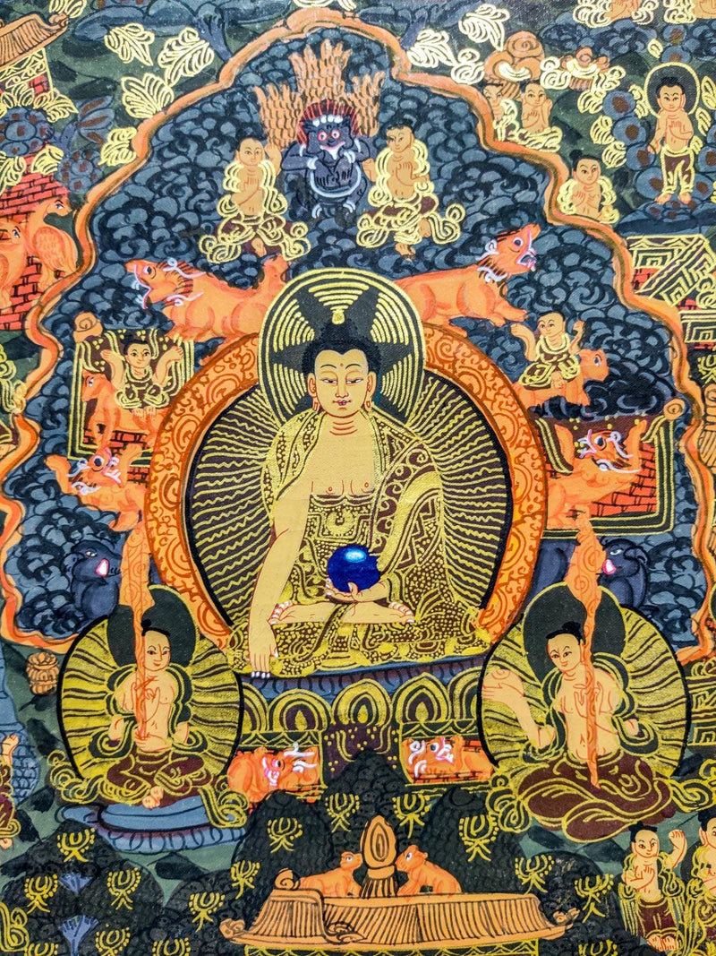 hand painted with natural color and gold Buddha's Life of Shakyamuni thangka art