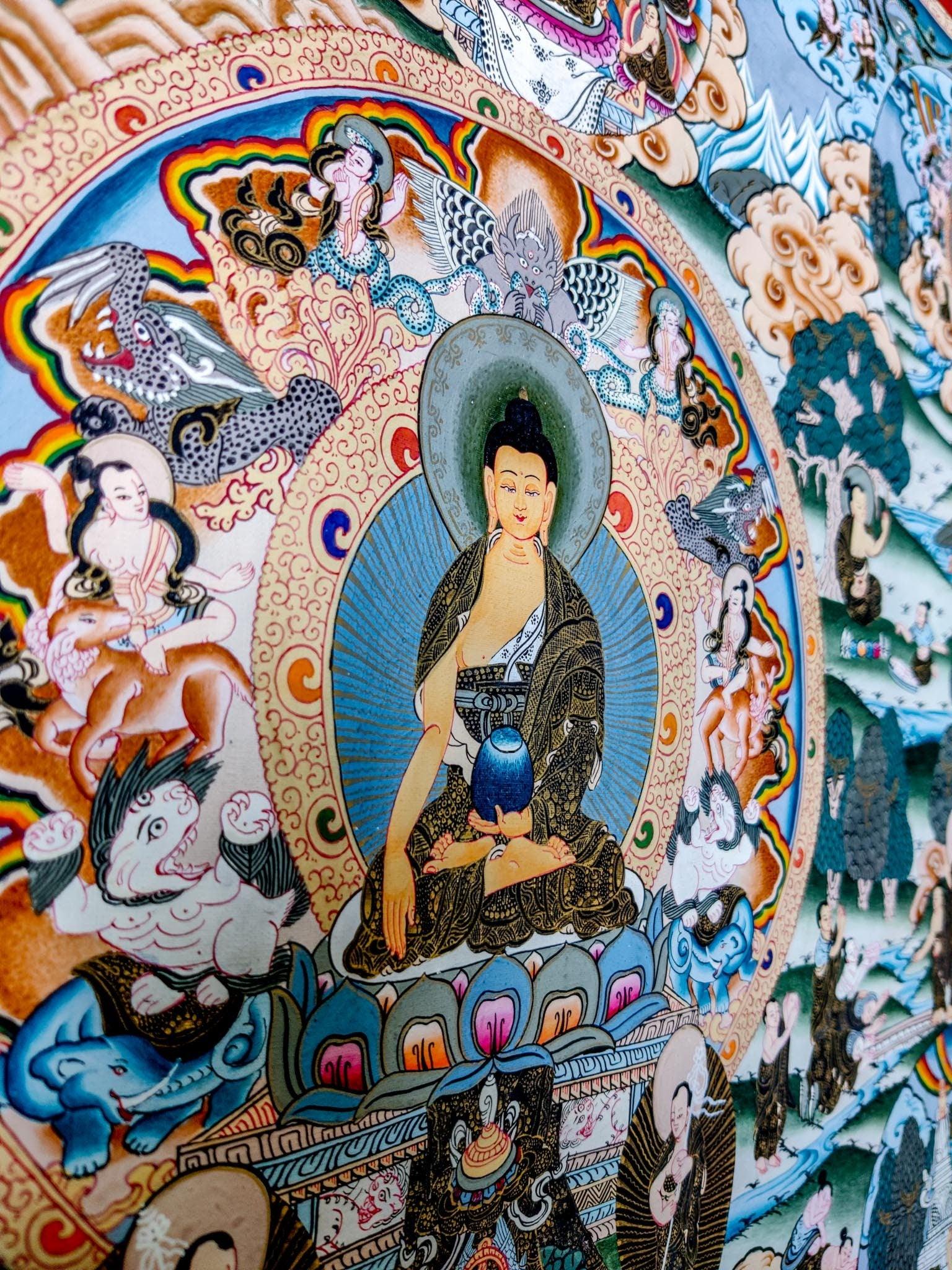 Hand painted with natural color and gold Buddha's Life of Shakyamuni thangka art 