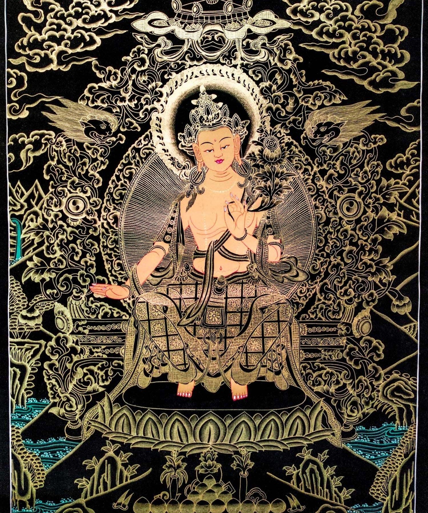 Beautiful Thangka Art of Maitreya Buddha also know as the Buddha of Future . Gold painted Maitreya Buddha