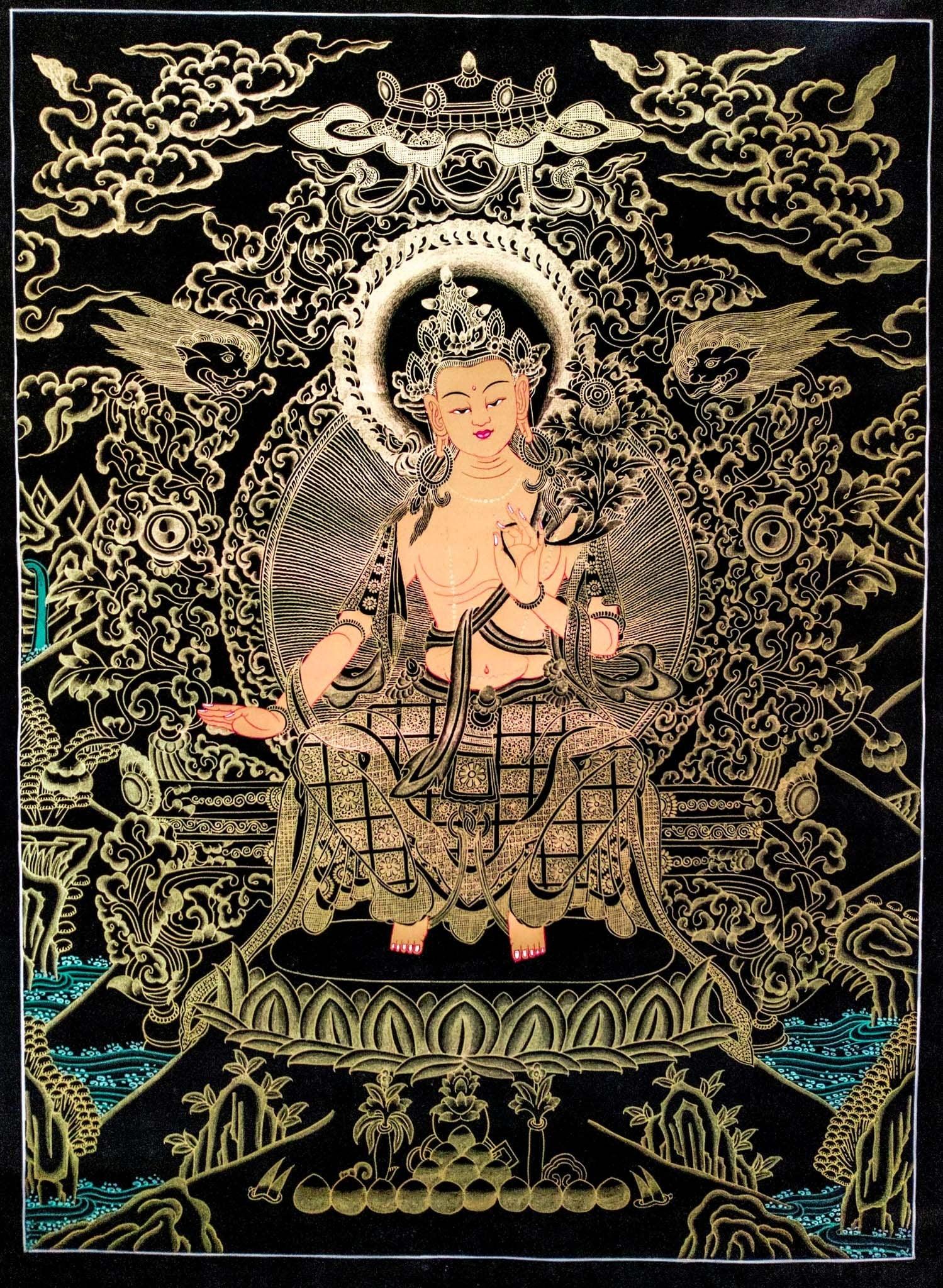 Beautiful Thangka Art of Maitreya Buddha also know as the Buddha of Future . Gold painted Maitreya Buddha