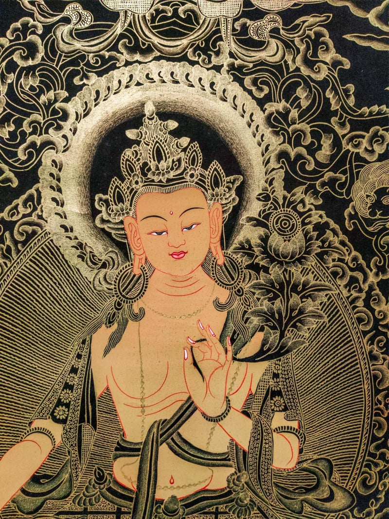 Beautiful Thangka Art of Maitreya Buddha also know as the Buddha of Future . Gold painted Maitreya Buddha