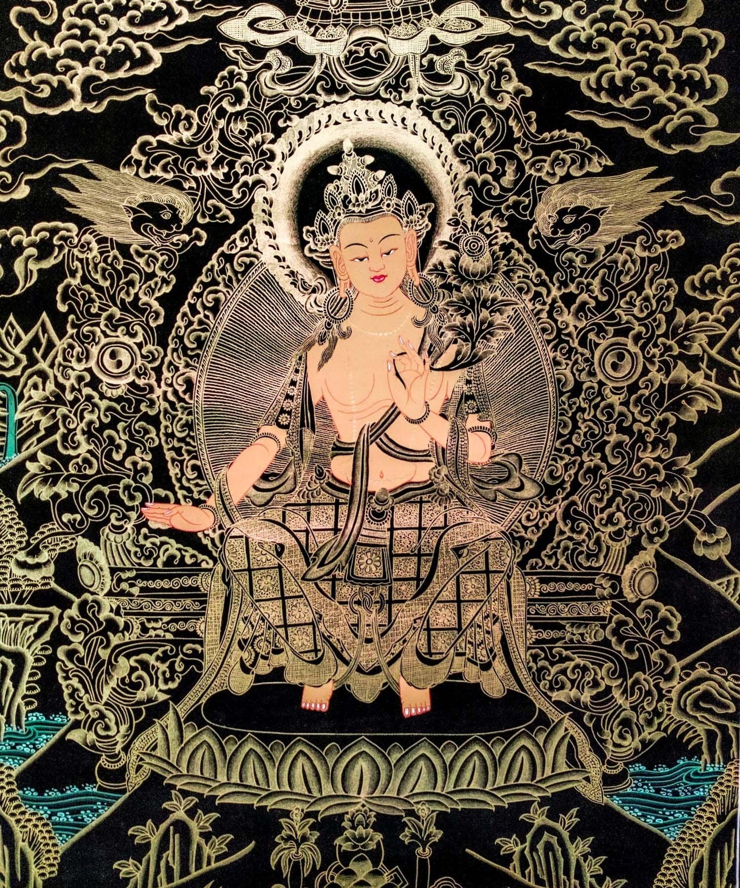 Beautiful Thangka Art of Maitreya Buddha also know as the Buddha of Future . Gold painted Maitreya Buddha