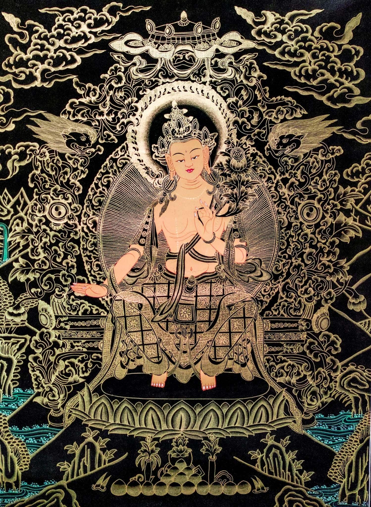 Beautiful Thangka Art of Maitreya Buddha also know as the Buddha of Future . Gold painted Maitreya Buddha