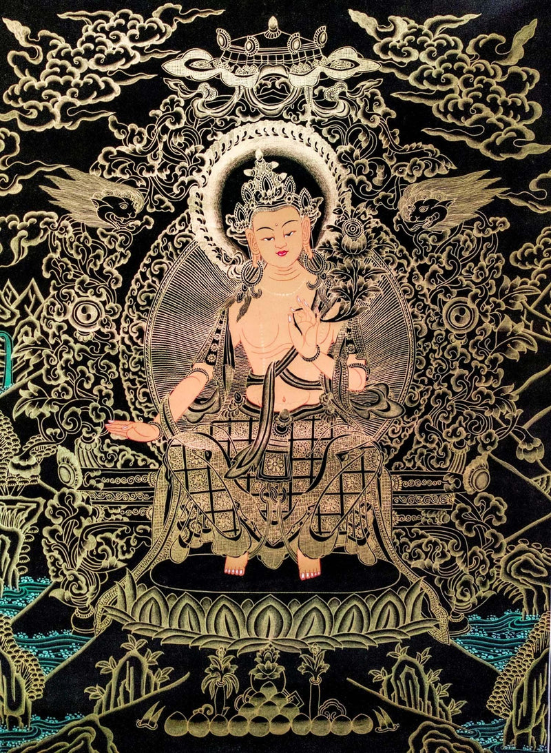 Beautiful Thangka Art of Maitreya Buddha also know as the Buddha of Future . Gold painted Maitreya Buddha