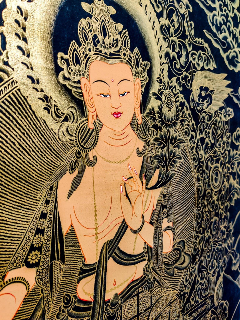 Beautiful Thangka Art of Maitreya Buddha also know as the Buddha of Future . Gold painted Maitreya Buddha