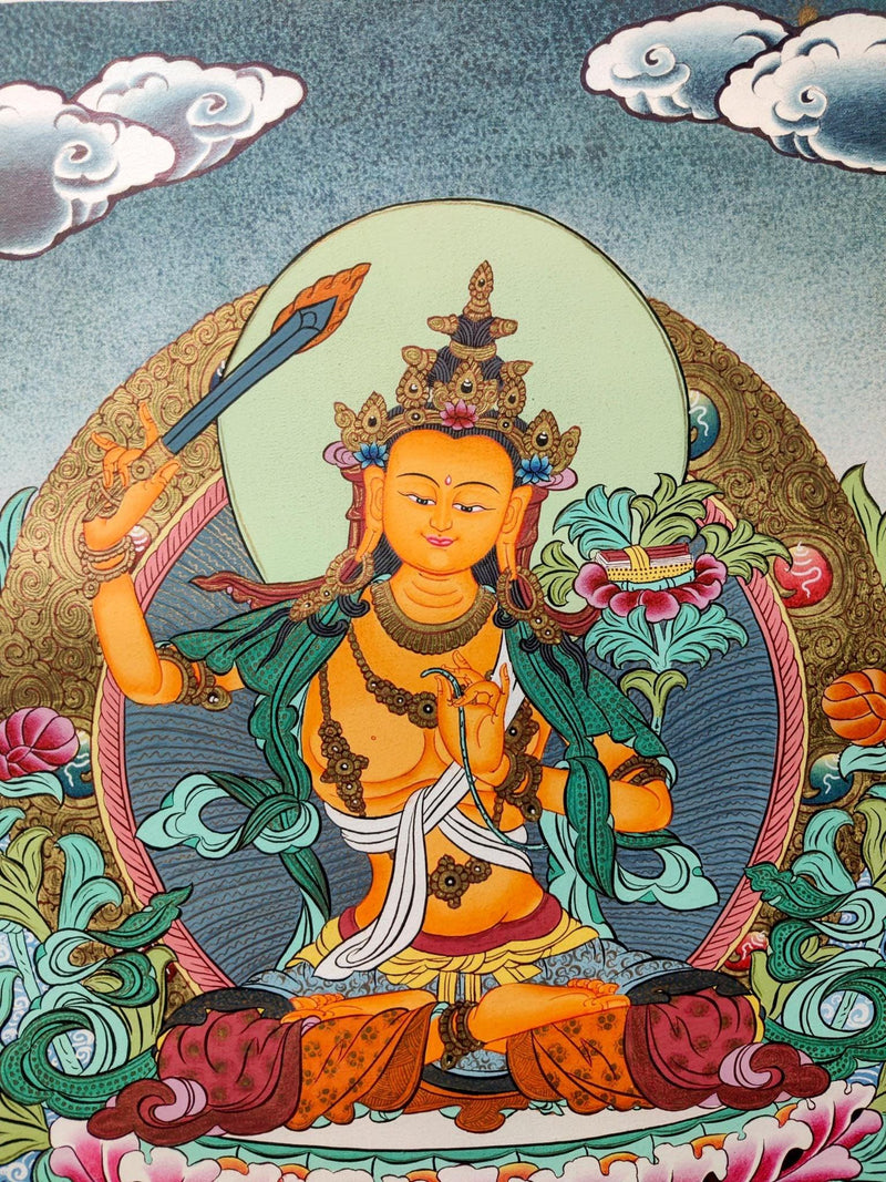 Manjushri Tibetan Thangka art close up