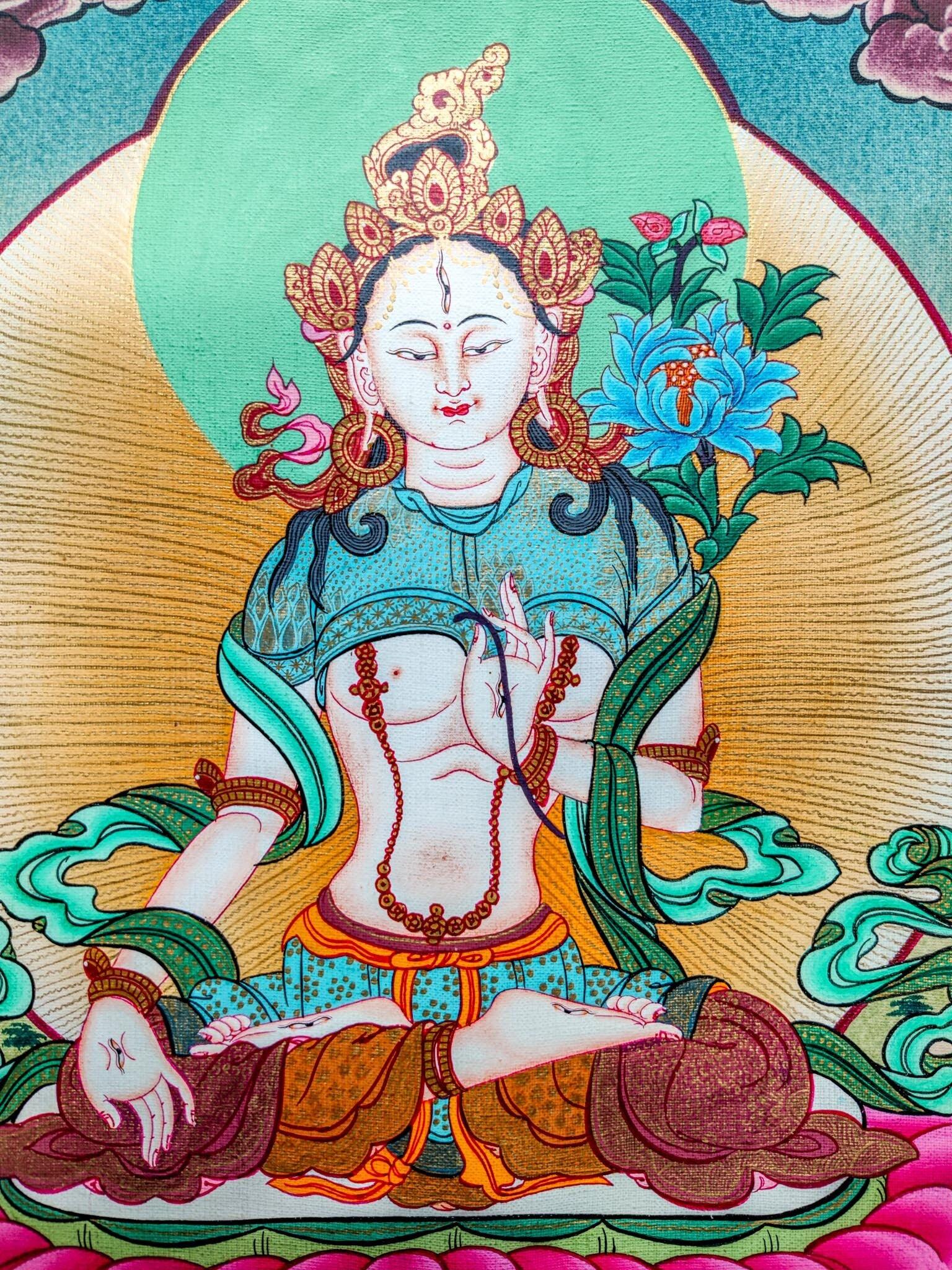 White Tara Thangka Art made from natural color and gold