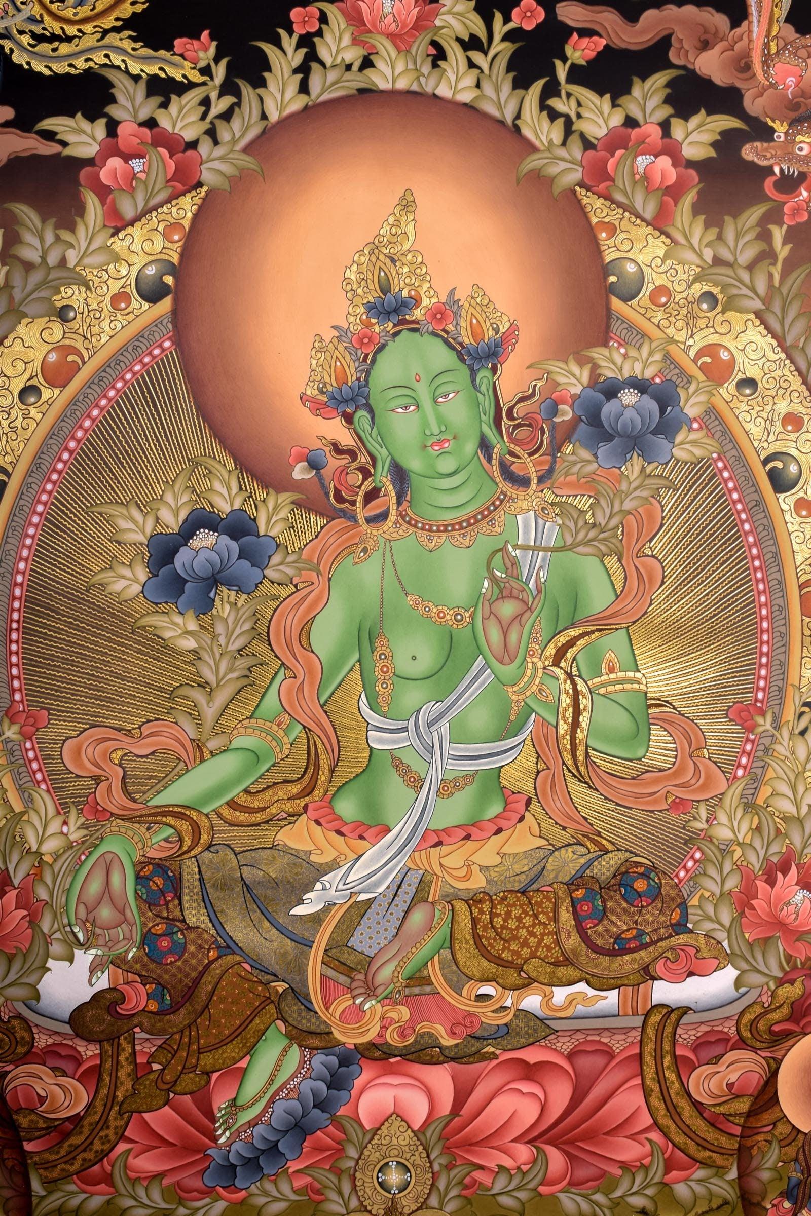 Green Tara Female Deity Thangka Painting - Himalayas Shop