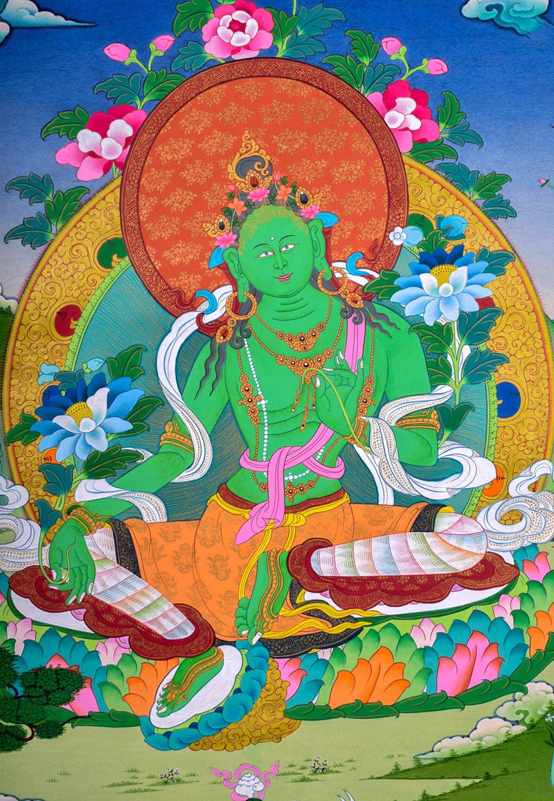 Green Tara Female Deity Thangka Painting  For Meditational Practice and Spiritual Gifts