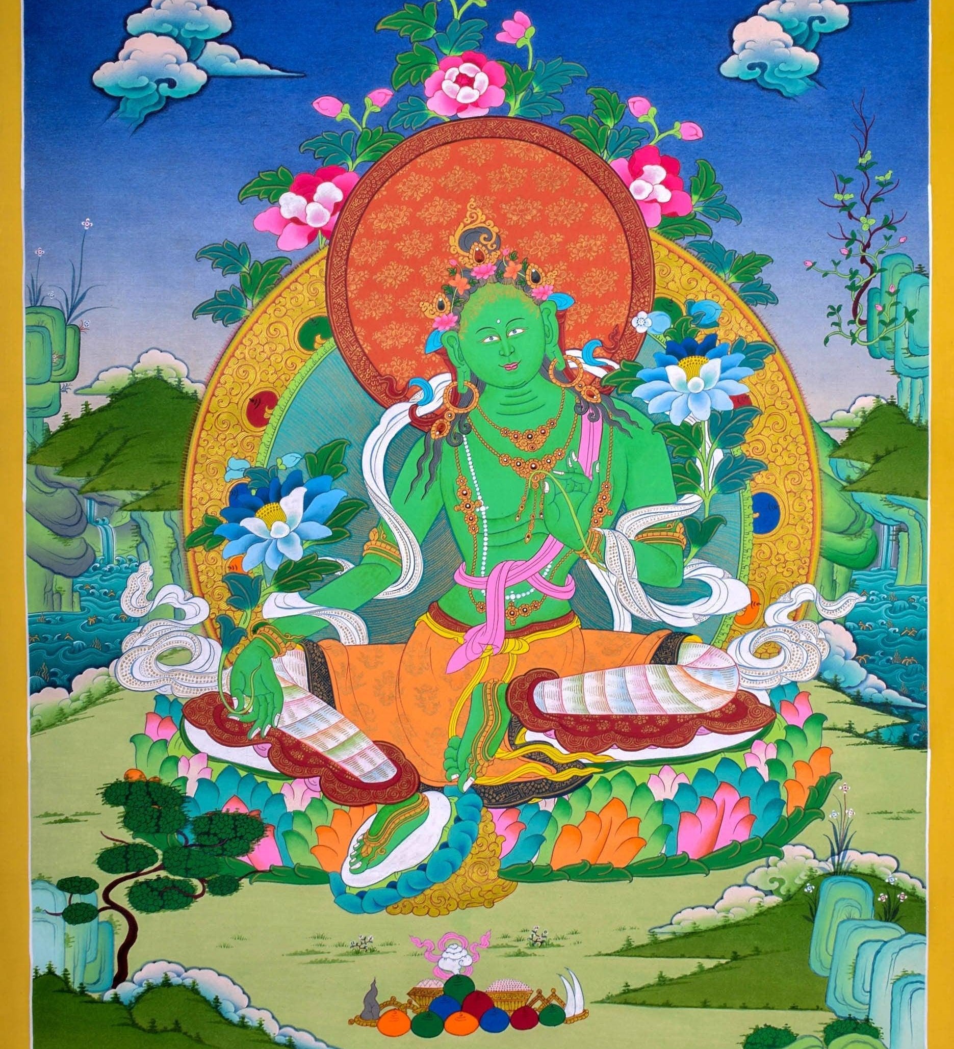 Green Tara Female Deity Thangka Painting  For Meditational Practice and Spiritual Gifts