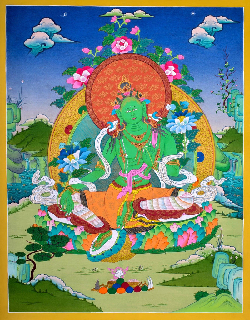 Green Tara Female Deity Thangka Painting  For Meditational Practice and Spiritual Gifts
