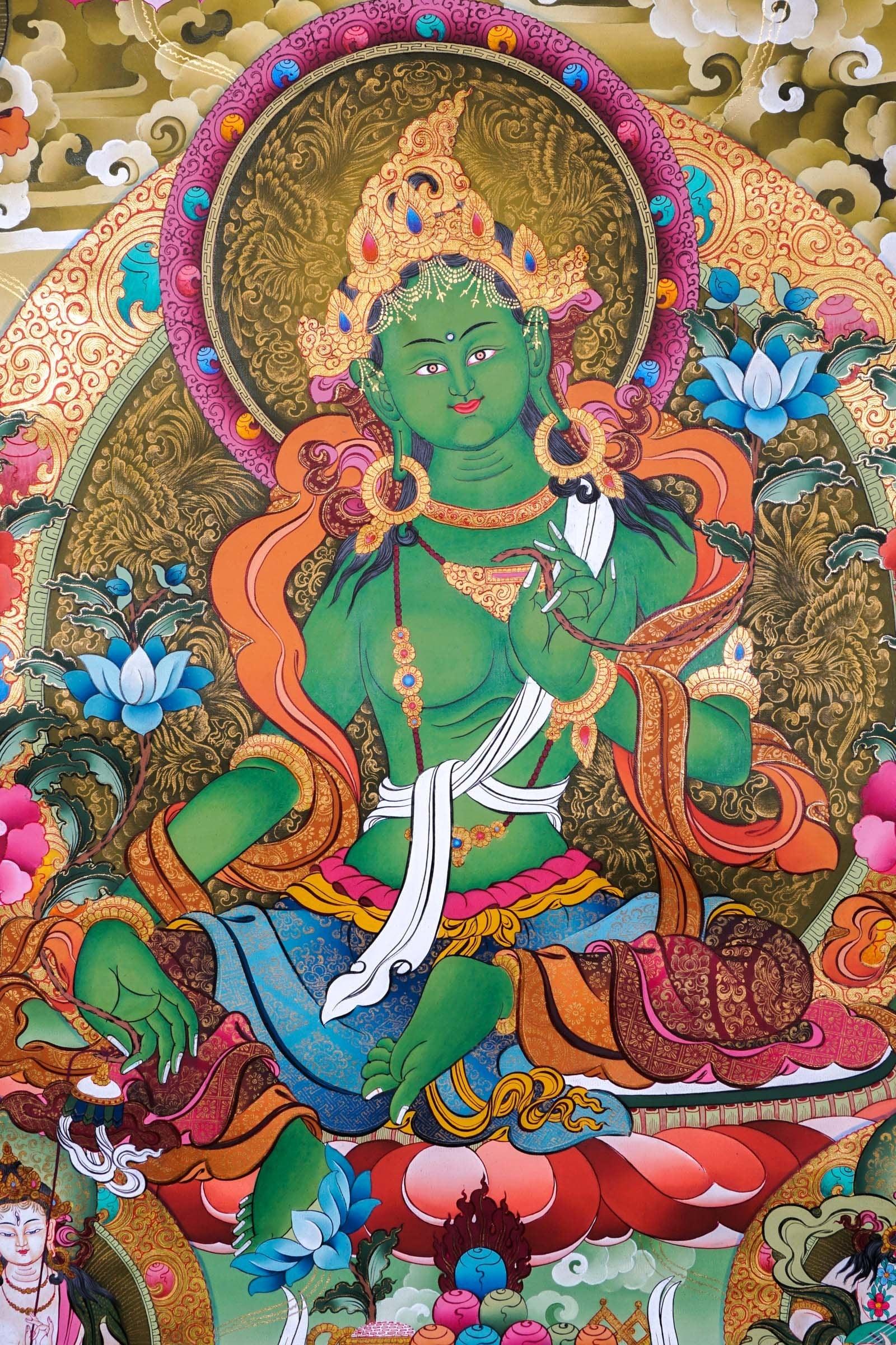 Green Tara Female Deity Thangka Painting  For Meditational Practice and Spiritual Gifts