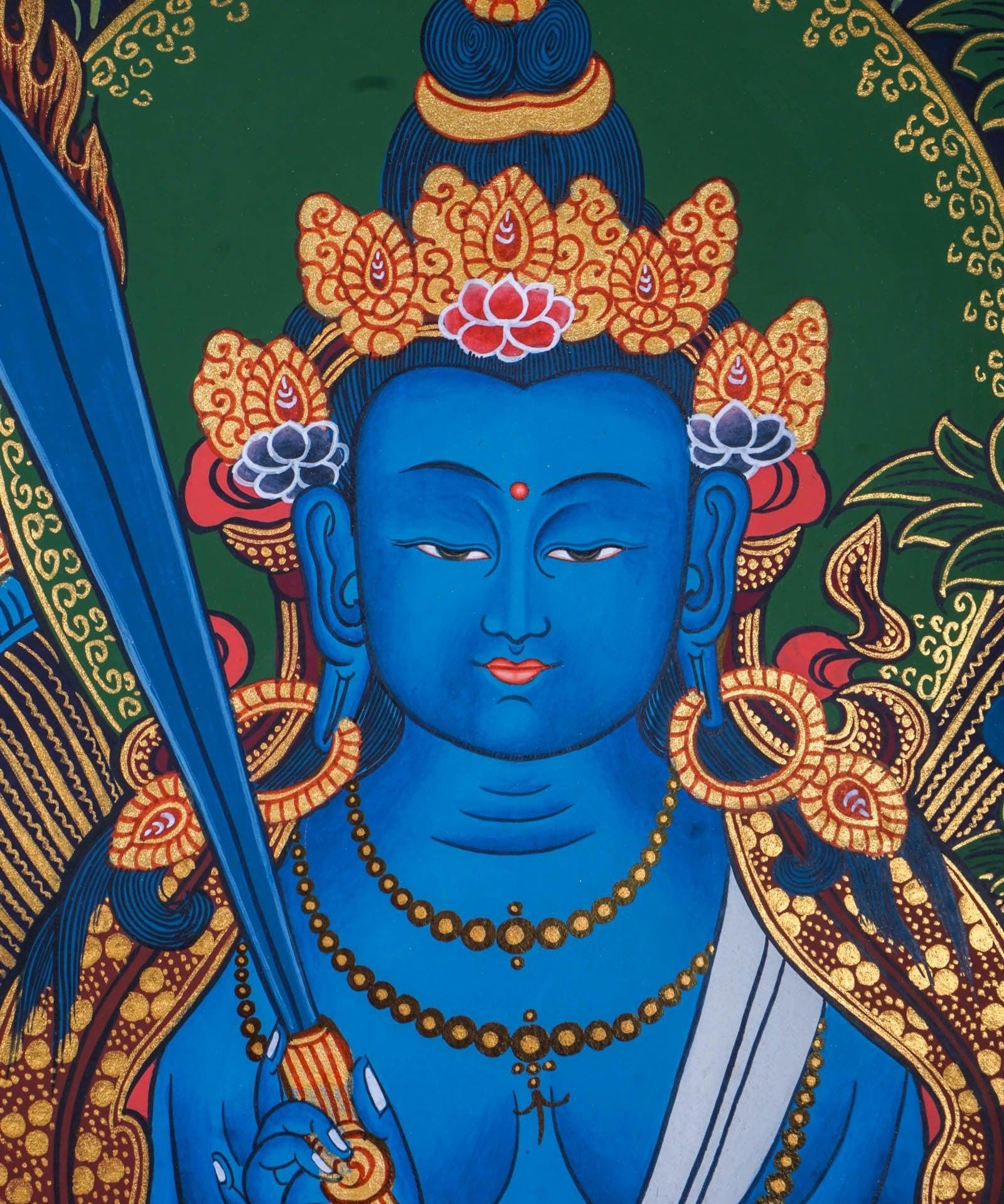 Japanese Style - Monju Bosatsu Thangka Painting For Meditational Practice and Spiritual Gifts 