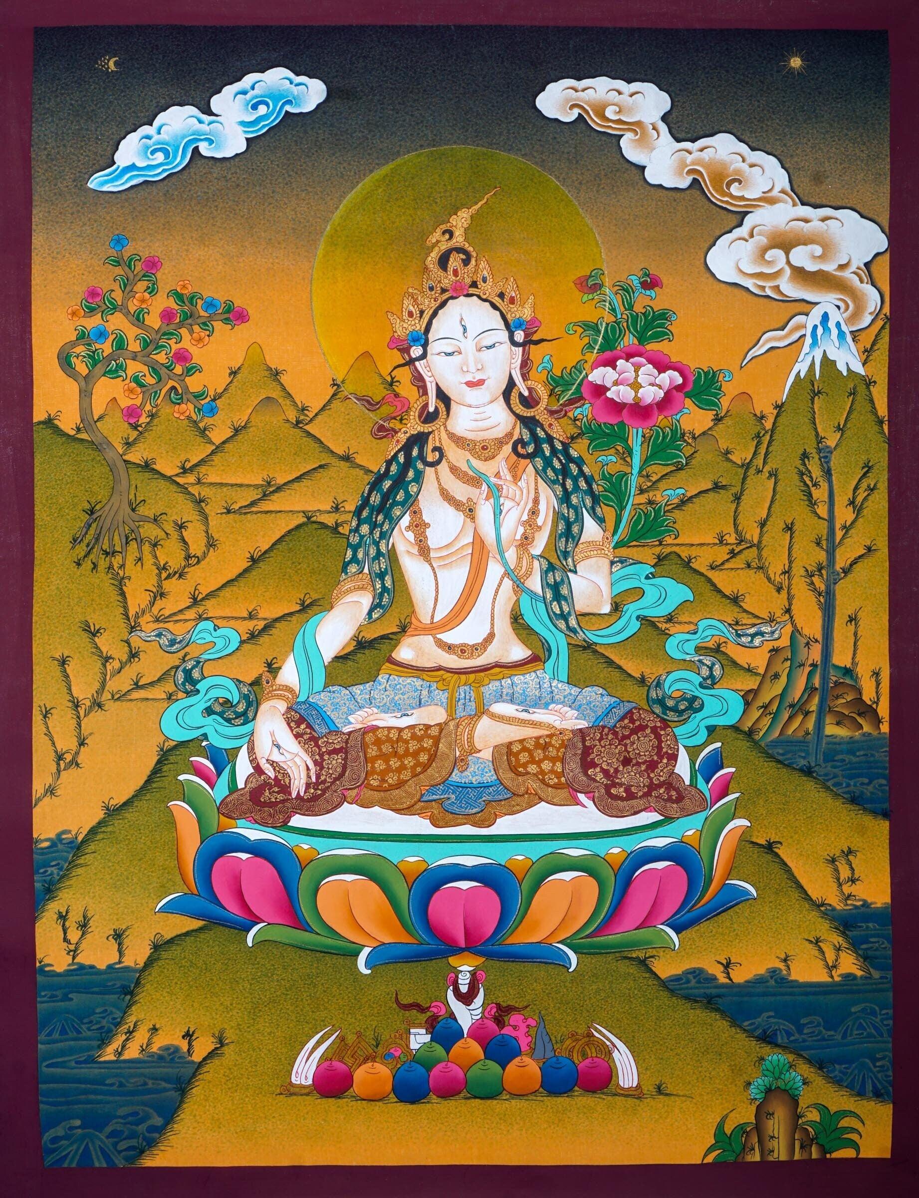 White Tara Thangka - Seven Eyes Bodhisattva  For home decor and and Wall hanging 