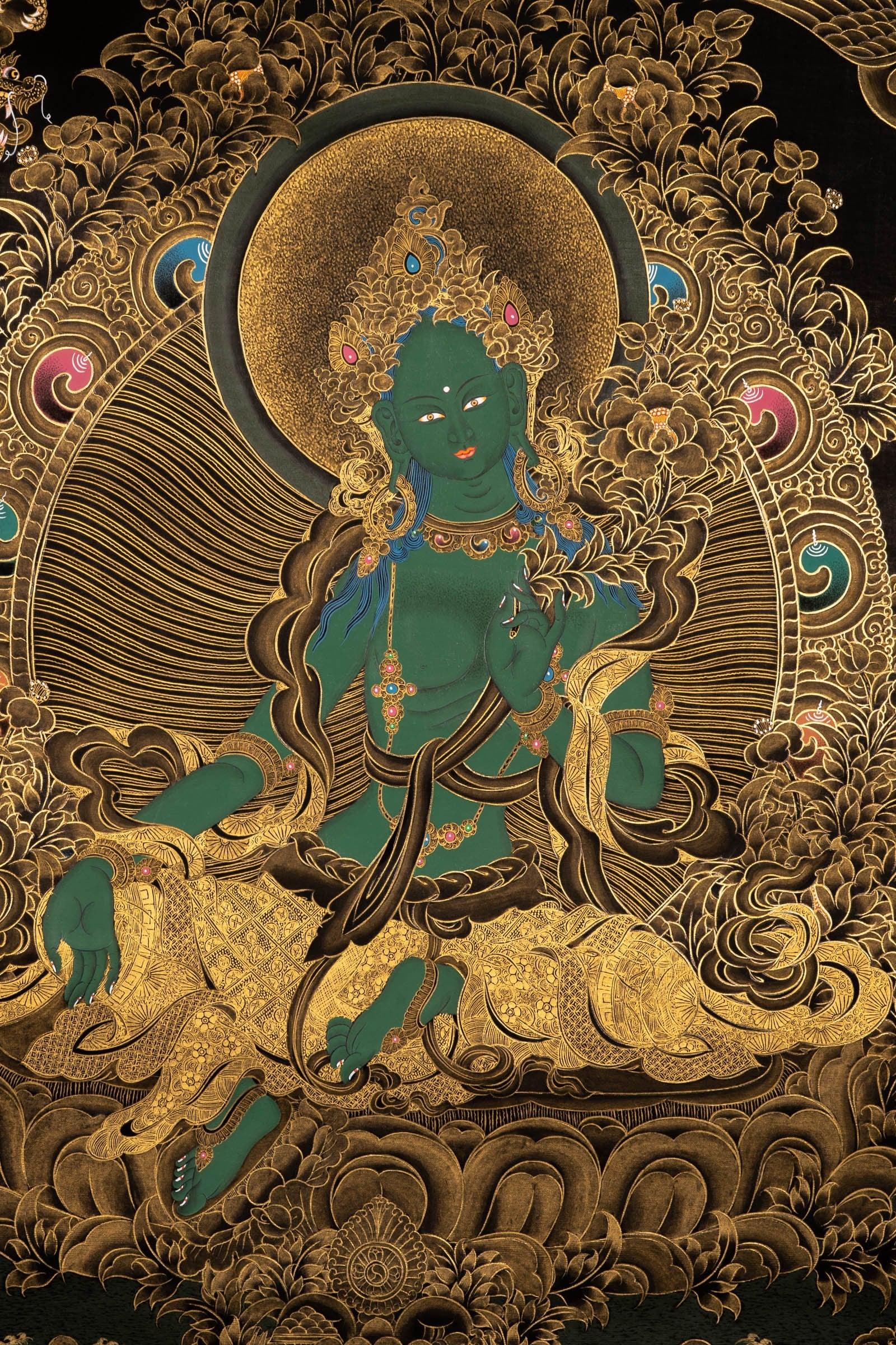 Green Tara Female Deity Thangka Painting For home decor and and Wall hanging