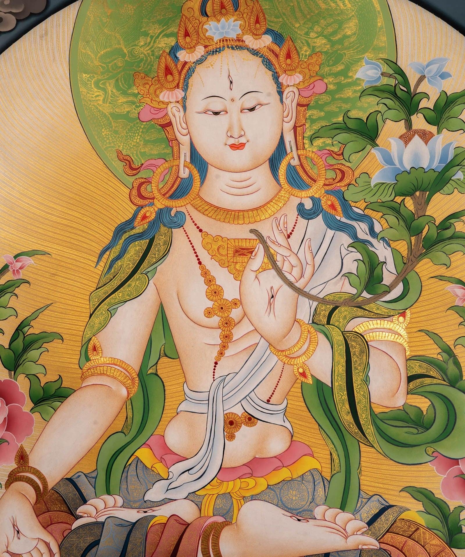 White Tara Female Deity Thangka For Meditational Practice and Spiritual Gifts