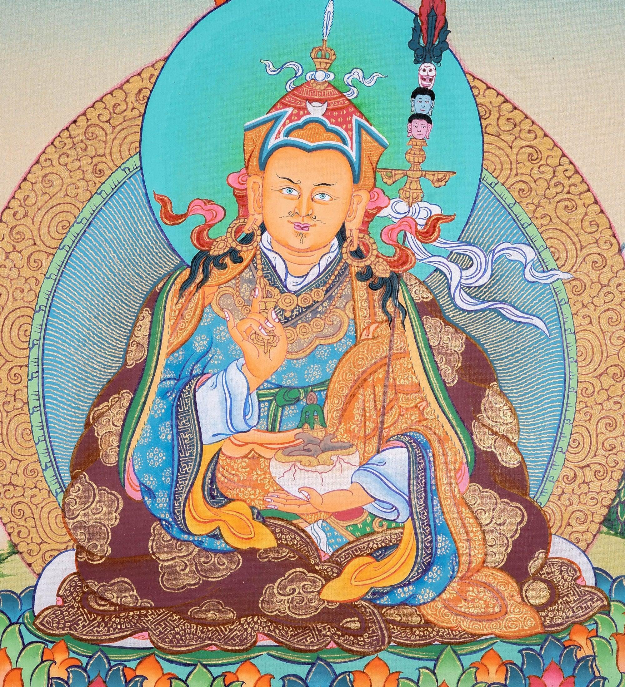 Guru Rinpoche Tibetan Thangka Painting For Meditational Practice and Spiritual Gifts