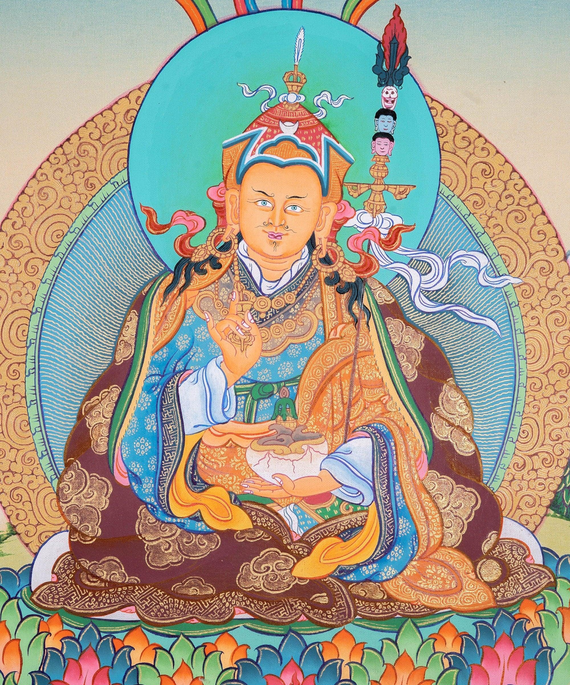 Guru Rinpoche Tibetan Thangka Painting For Meditational Practice and Spiritual Gifts