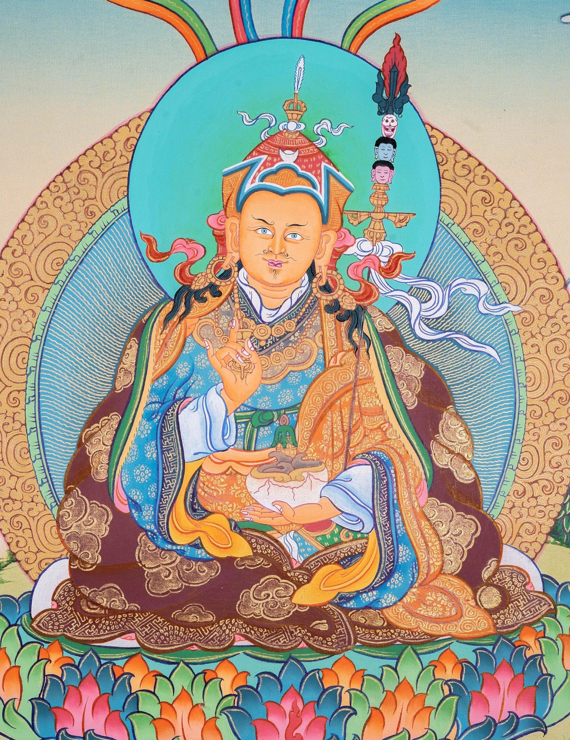 Guru Rinpoche Tibetan Thangka Painting For Meditational Practice and Spiritual Gifts