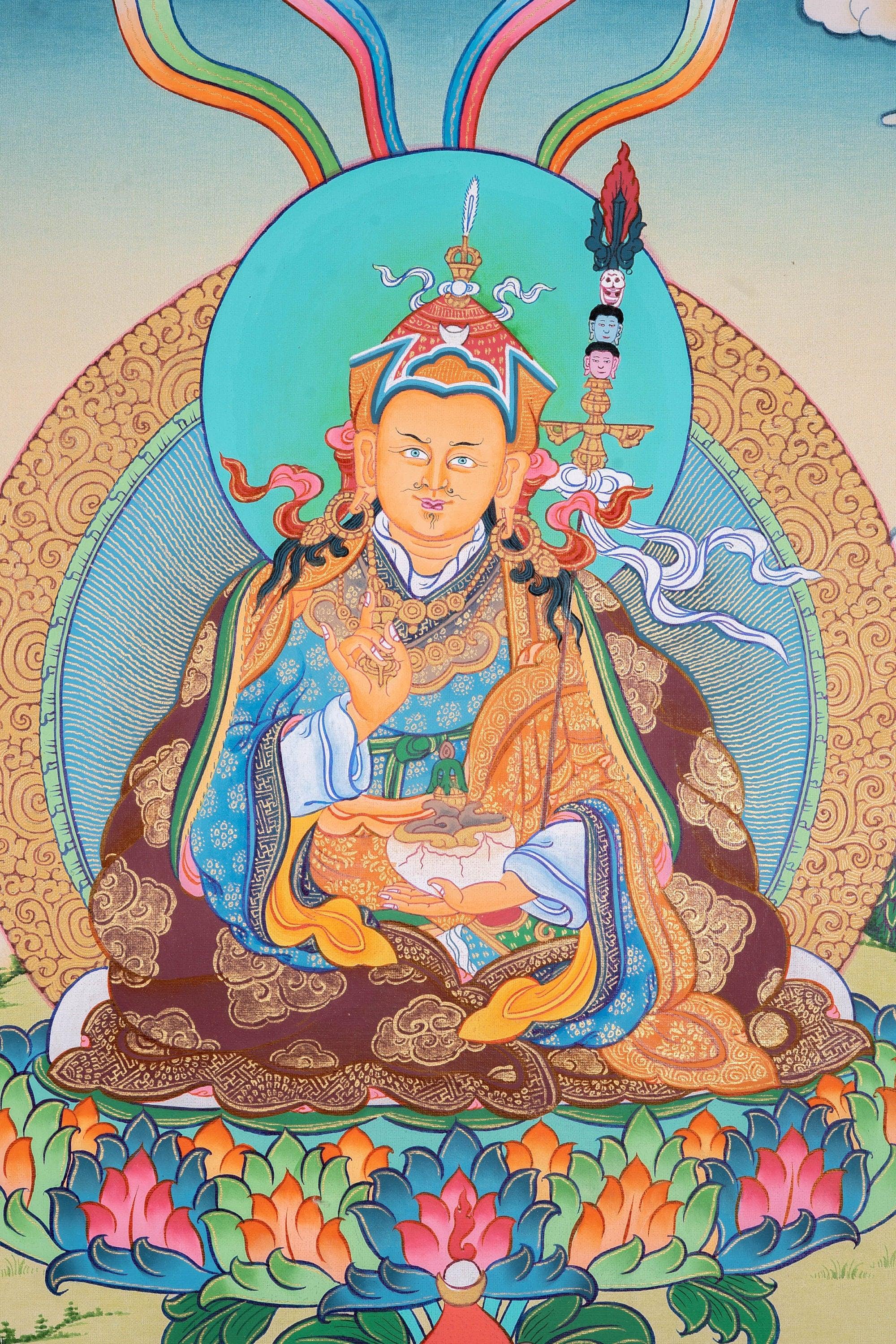 Guru Rinpoche Tibetan Thangka Painting For Meditational Practice and Spiritual Gifts