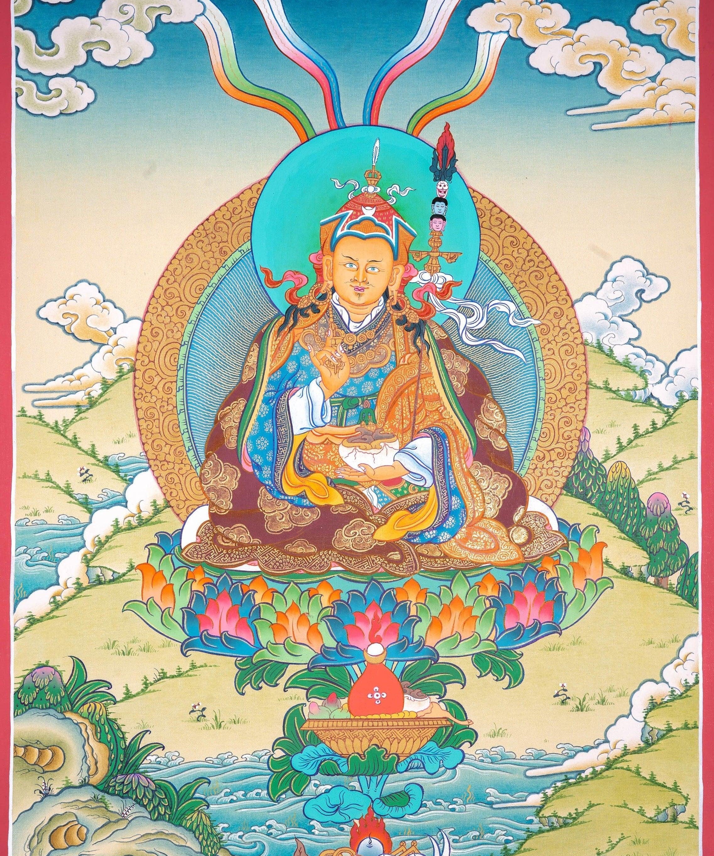Guru Rinpoche Tibetan Thangka Painting For Meditational Practice and Spiritual Gifts