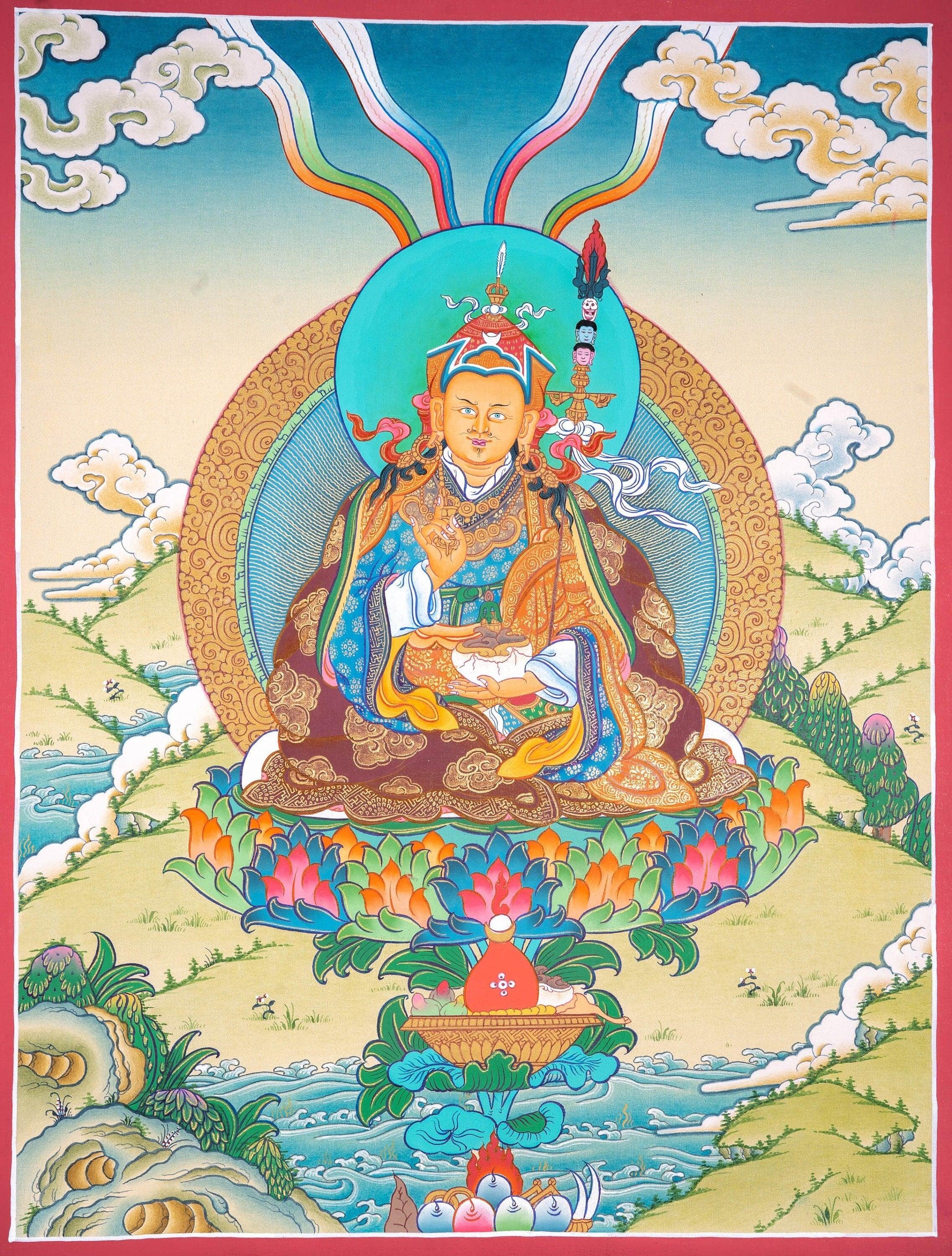 Guru Rinpoche Tibetan Thangka Painting For Meditational Practice and Spiritual Gifts